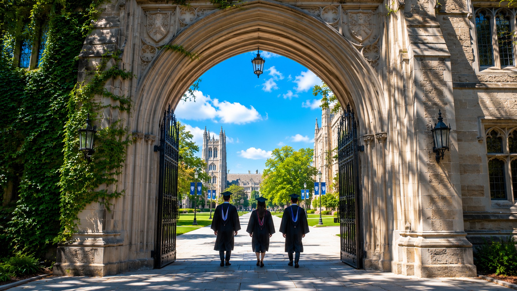 Graduates in caps and gowns walking through a stone university archway into a sunlit quad